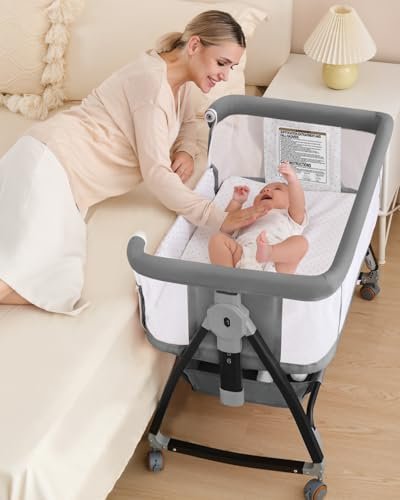 wayfong Baby Bassinet, Bassinet Bedside Sleeper with Wheels, Breathable Mesh Bedside Bassinet for Baby, Mosquito Net, Storage Basket, 6 Height Adjustable, Easy to Fold, Grey